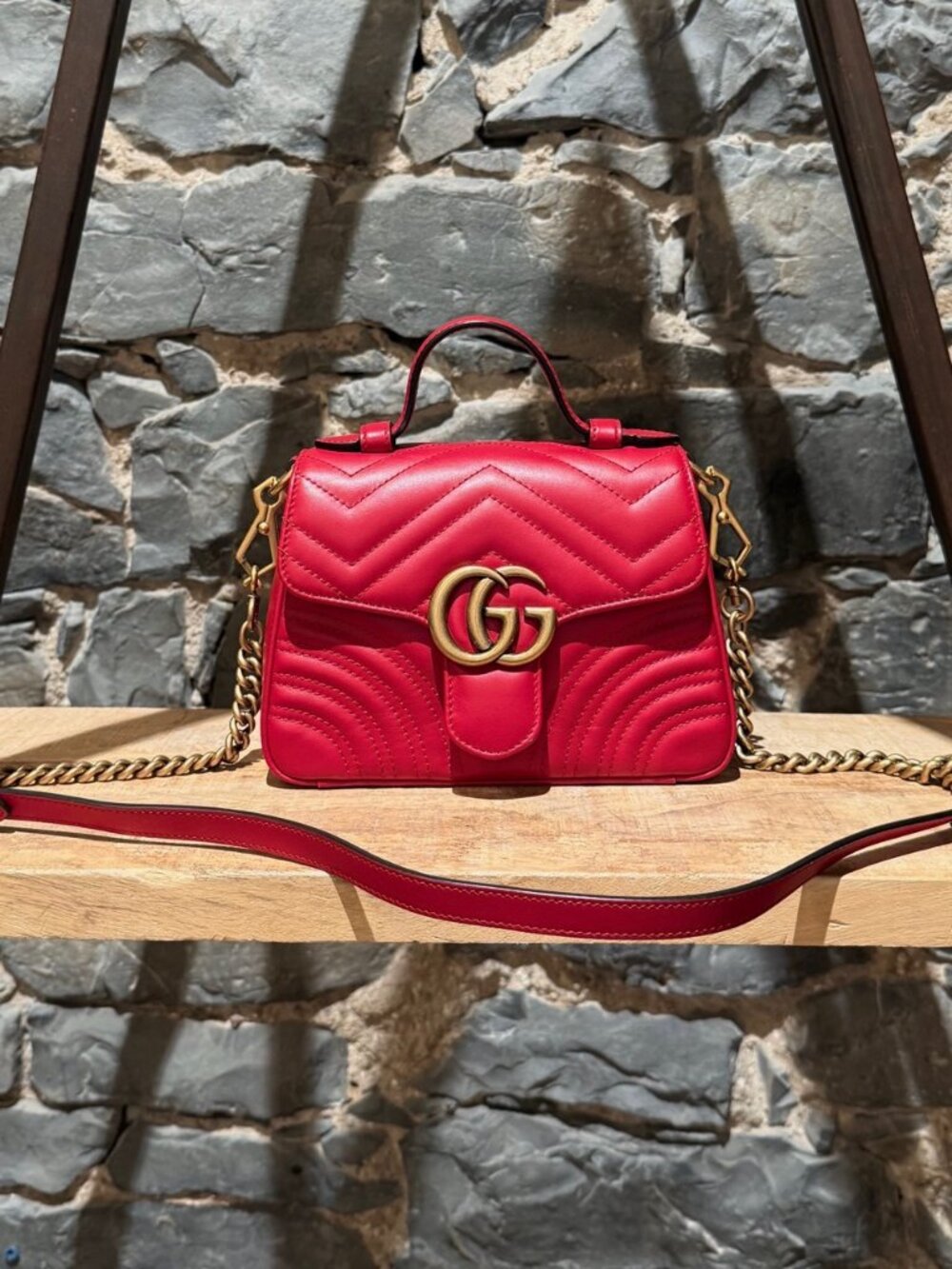Gucci Red GG Marmont Mini Top Handle Bag With Chain